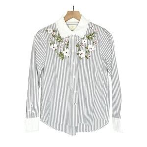 Kate Spade Embroidered Stripe Button Down Shirt Small Floral Cotton Blouse